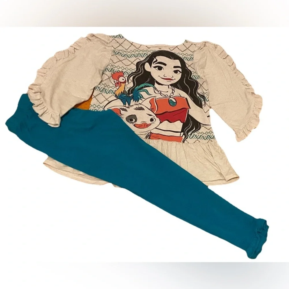 Disney Moana Girl's Size 6 Off White Top Blue Kids Leggings Excellent Condition